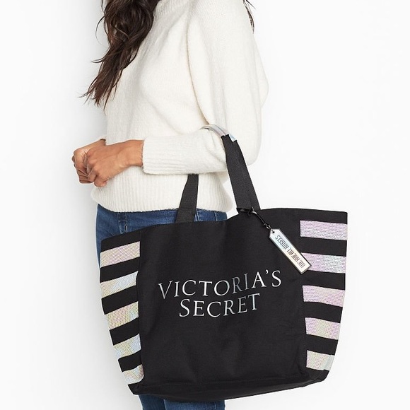 Victoria’s Secret Sequin Striped Tote Bag - Holographic, Prismatic Sequins / NEW - Picture 2 of 9